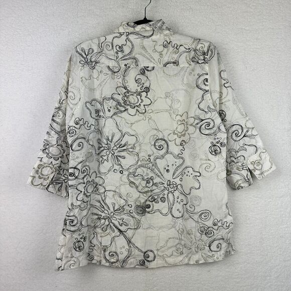 2/$30 Chicos 100% Linen Button Down Shirt Size S Floral Whimsical Oversized Boho - Picture 11 of 11